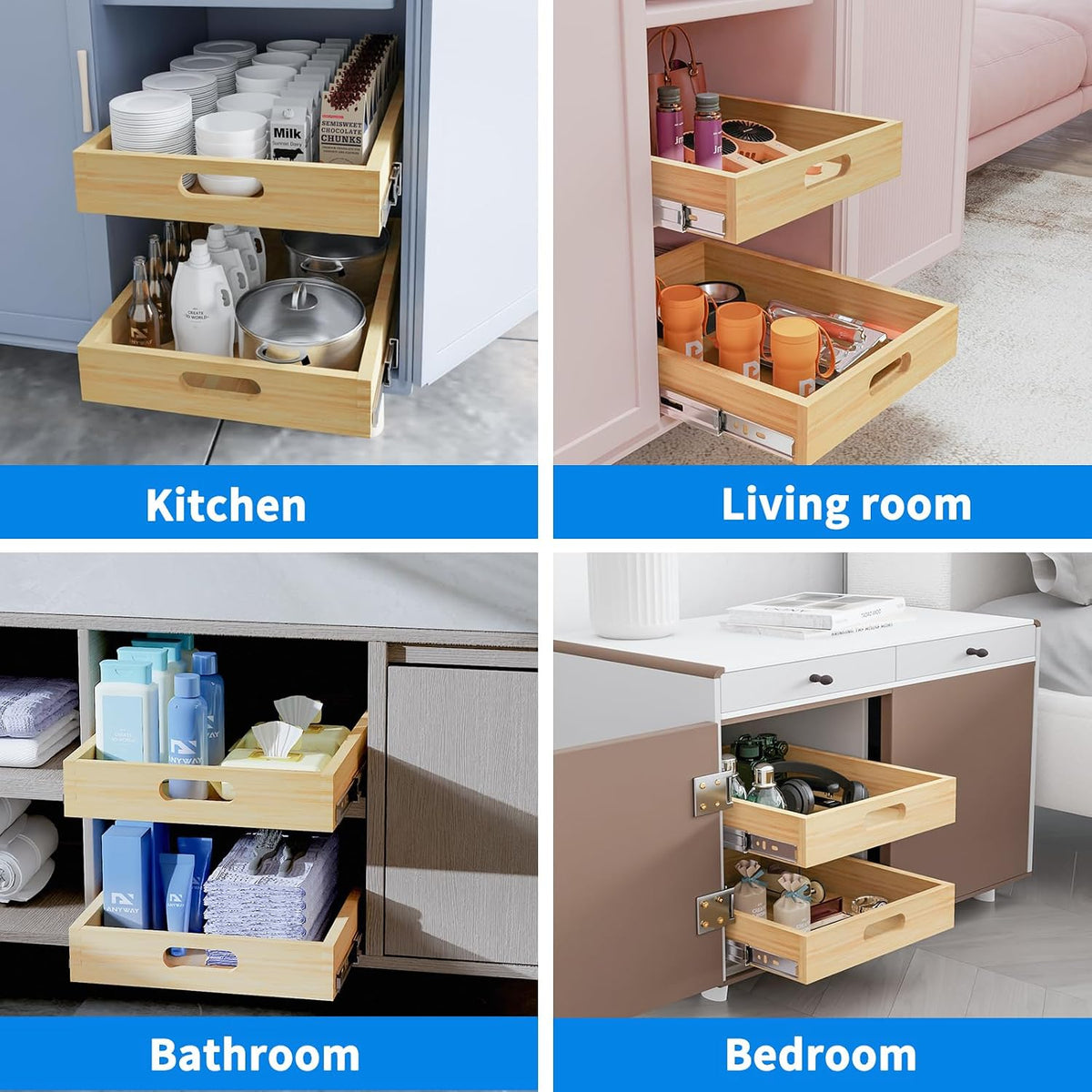 2 Set Pull Out Cabinet Organizer, Soft Close Slide Out Wood Drawer Storage Sh...