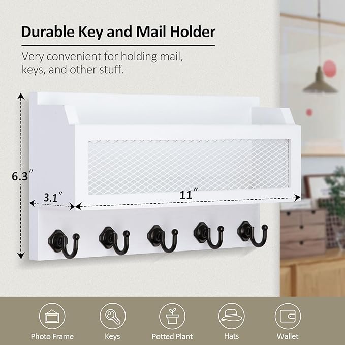 Nekon Mail and Key Holder for Wall Decorative, 11 Inch Wooden Wall Key Organizer - Image 6