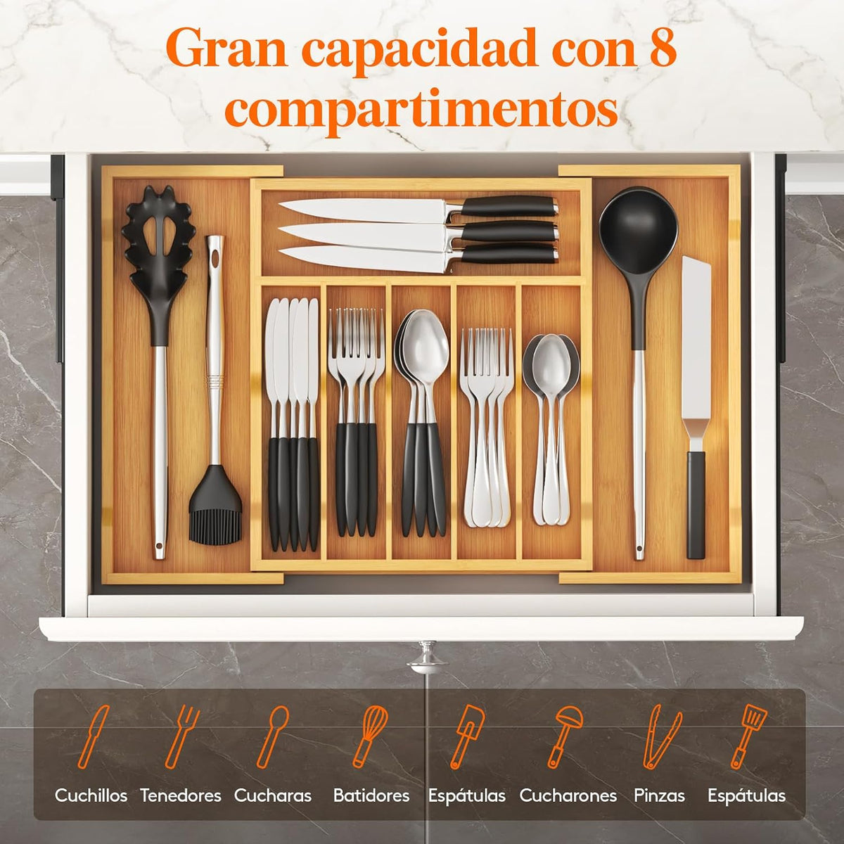 Lifewit Silverware Drawer Organizer, Wooden Utensil Tray for Kitchen