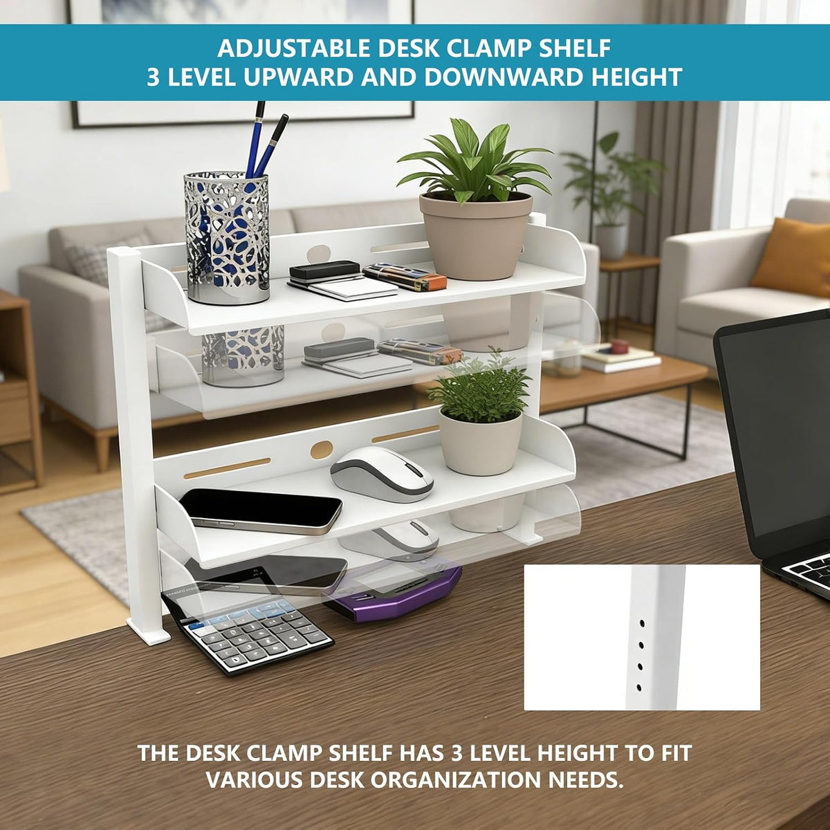 3 Tier Clamp on Desk Shelf,Desktop Organizer with Under Desk Hidden Basket