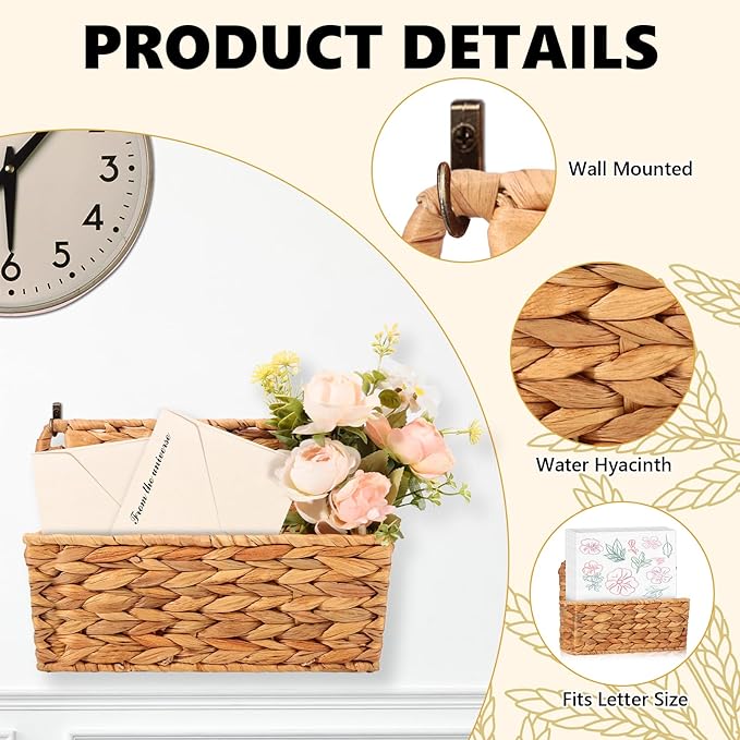 2 Pcs Woven Mail Holder Wall Mount Basket Rattan Wall Letter Holder Wicker - Image 3