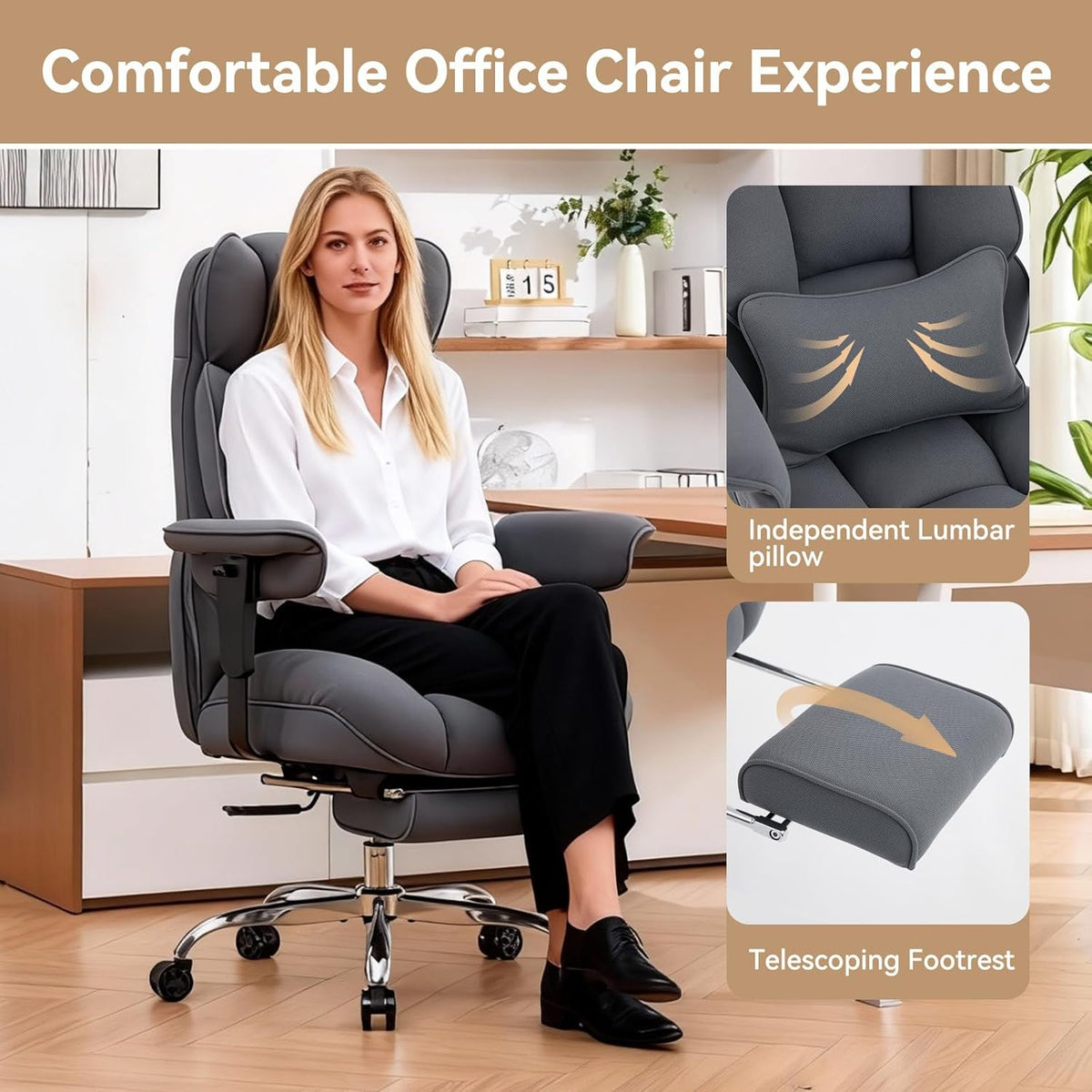 Efomao Executive Office Chair, Bluegrey Fabric Big and Tall Desk Chair