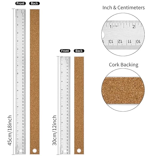 Metal Ruler with Cork Backing, 12+18 Inch Stainless Steel Rulers 12 Inch 18 - Image 2