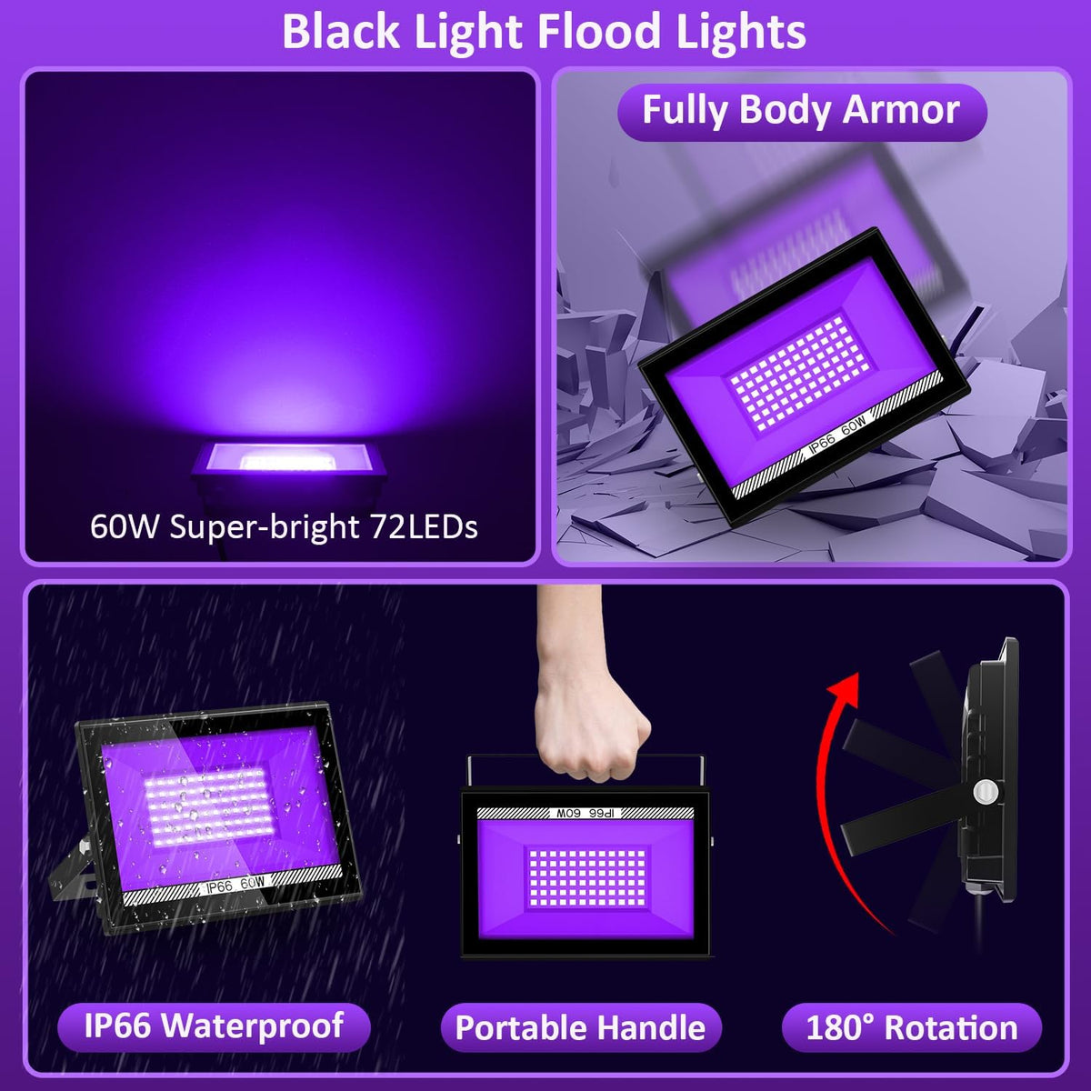 T-SUN Halloween Black Light Flood Lights, 60W Blacklights for Glow Party