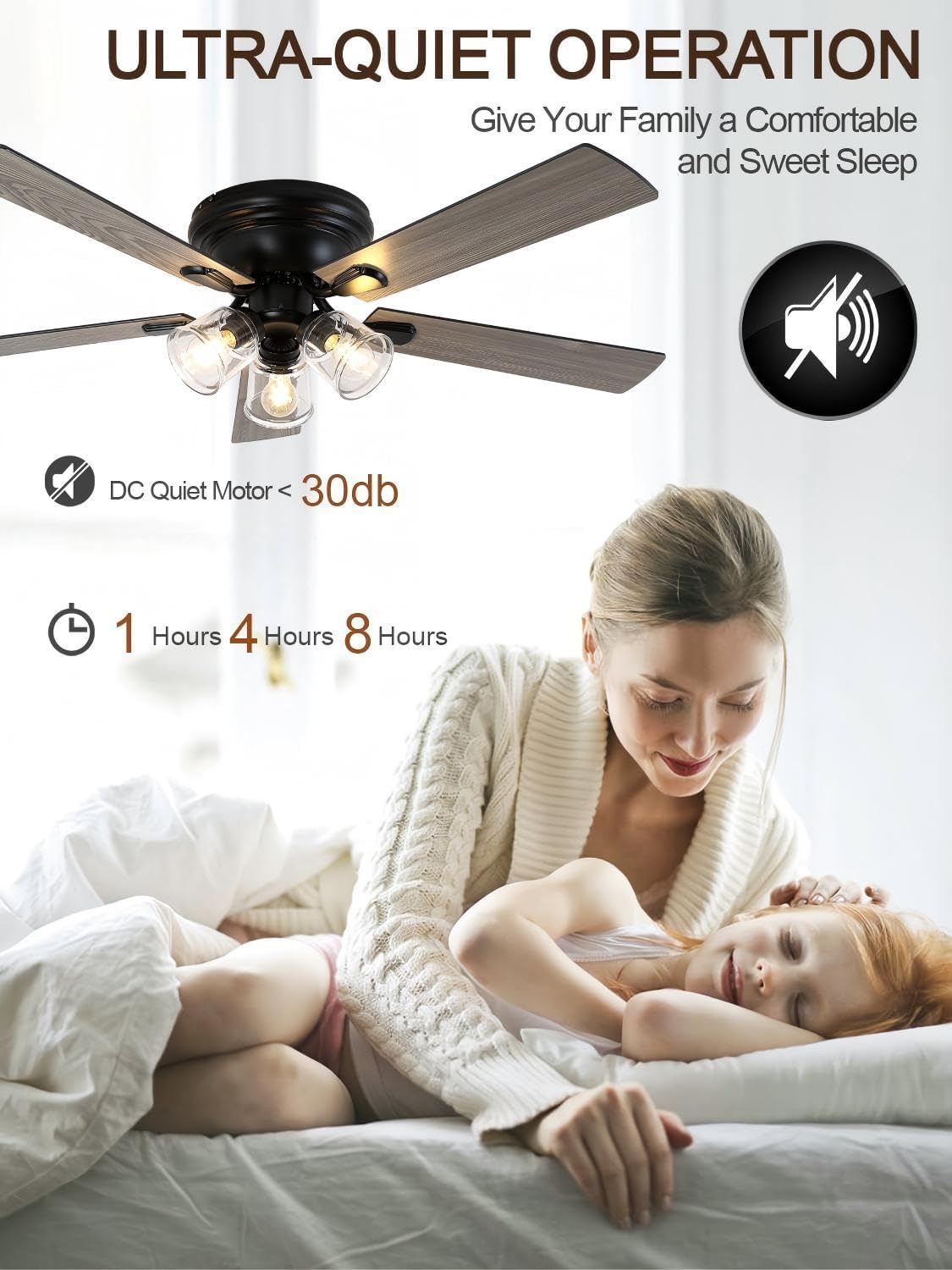 52 inch flush mount farmhouse ceiling fan with, front angle view