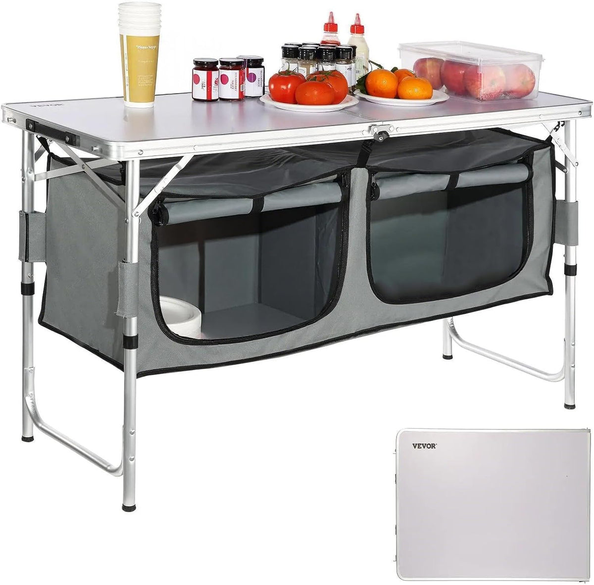 VEVOR Camping Kitchen Station, 3 Adjustable Height Folding Outdoor Camp Cooki...