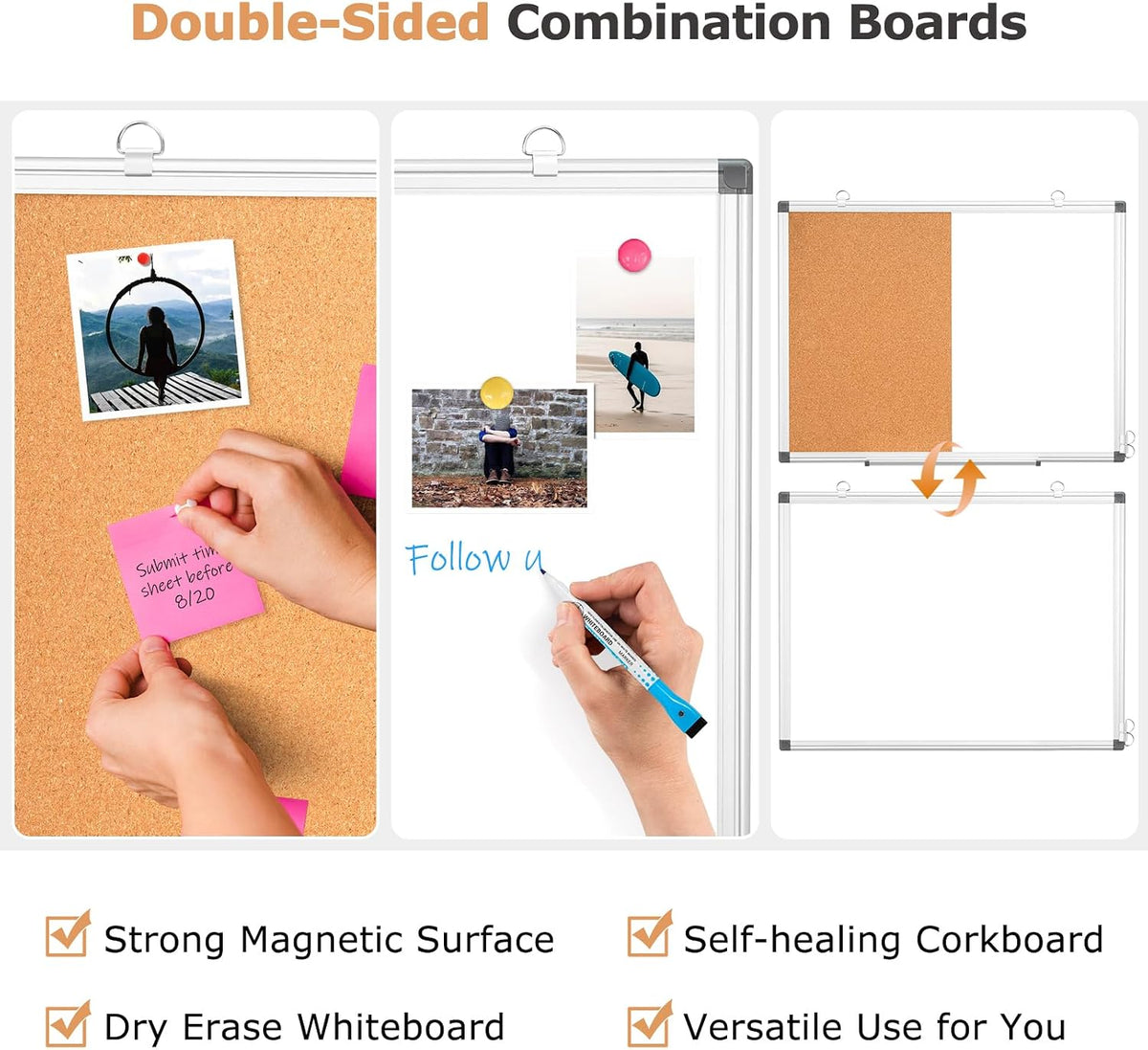 Magnetic Dry Erase White Board Cork Board Combo for Wall with Accessories