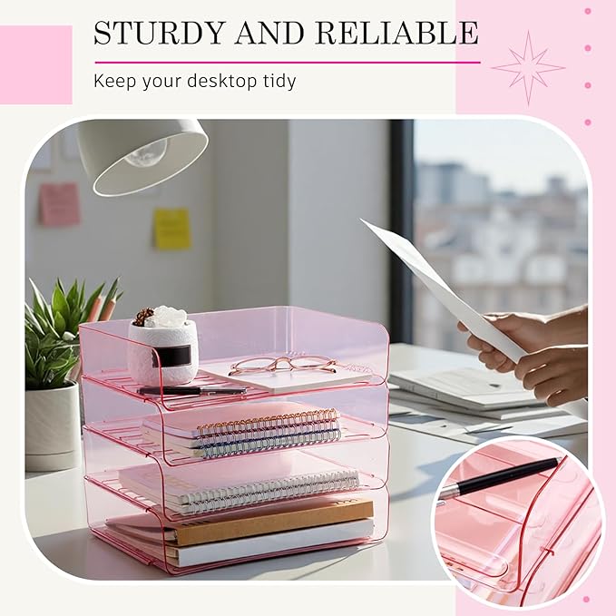 Harloon 4 Tier Acrylic Paper Tray 13 x 9.8 x 3 Inches Stackable Letter Clear - Image 6