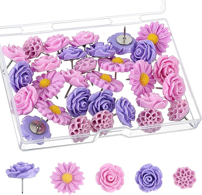 XLIUAX 40Pcs Flower Push Pins, Rose Thumb Tacks Cute Pink Thumbtacks - Image 8