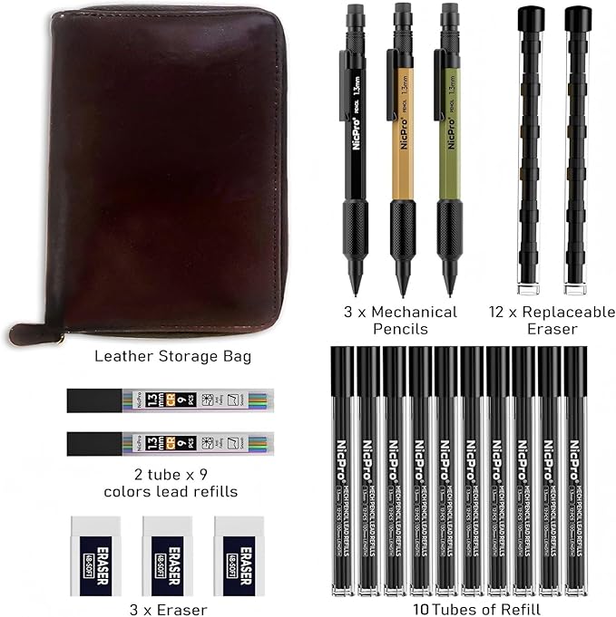 Nicpro 21PCS 1.3 mm Mechanical Pencil Set in Leather Bag - Image 7