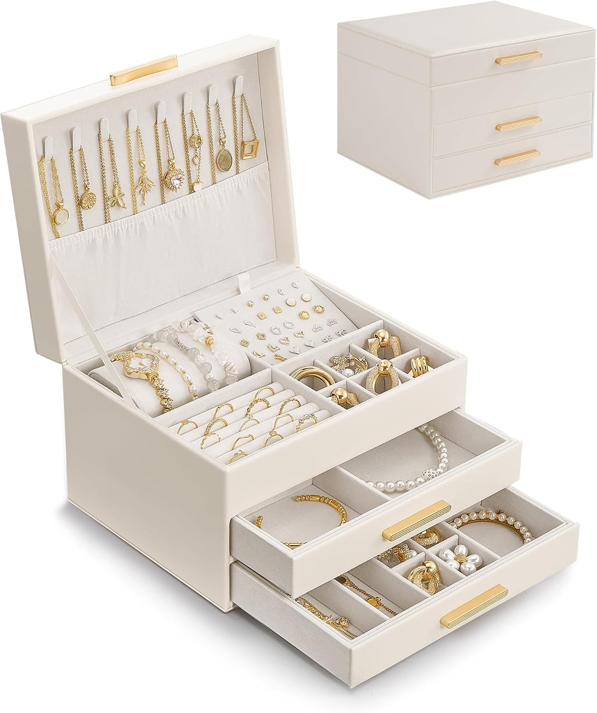 Lolalet 3-Layer Jewelry Box Organizer for Women Girls Room Decor -Beige