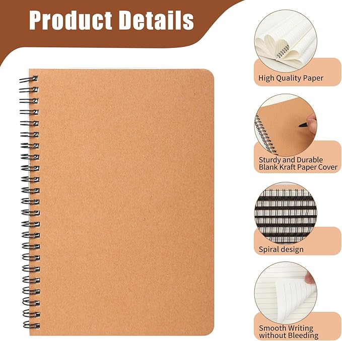 miikoul 60 Packs A5 Spiral Lined Notebooks, Kraft Paper Cover, 60 Sheets/120 - Image 3
