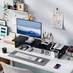 simple trending dual monitor stand riser, 38" computer, close-up detail