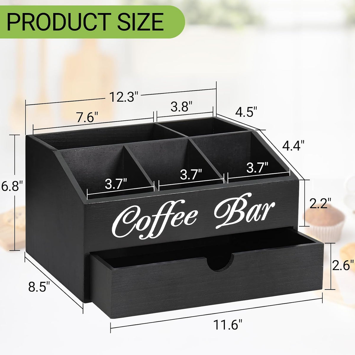 Coffee Bar Organizer Countertop, Wooden Bar Accessories With Drawer, Coffee S...