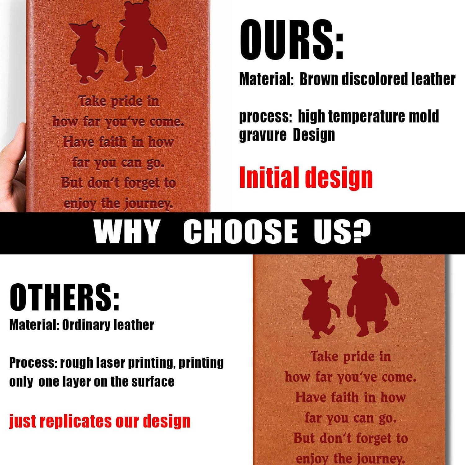 JOHSBYD Pooh Bear Leather Notebook, Friendship Gift for Women & Men | Inspirational Journal with 200 Lined Pages, Birthday Gifts for Son or Daughter Back to School College Supplies (take pride)