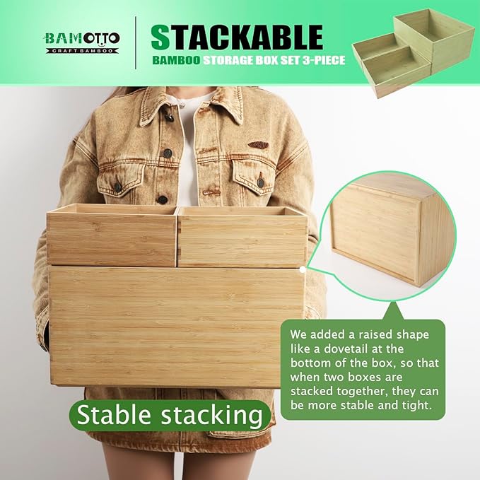 3-Piece Large Bamboo Storage Box Set, 7.1 in High Stackable Deep-Drawer - Image 3
