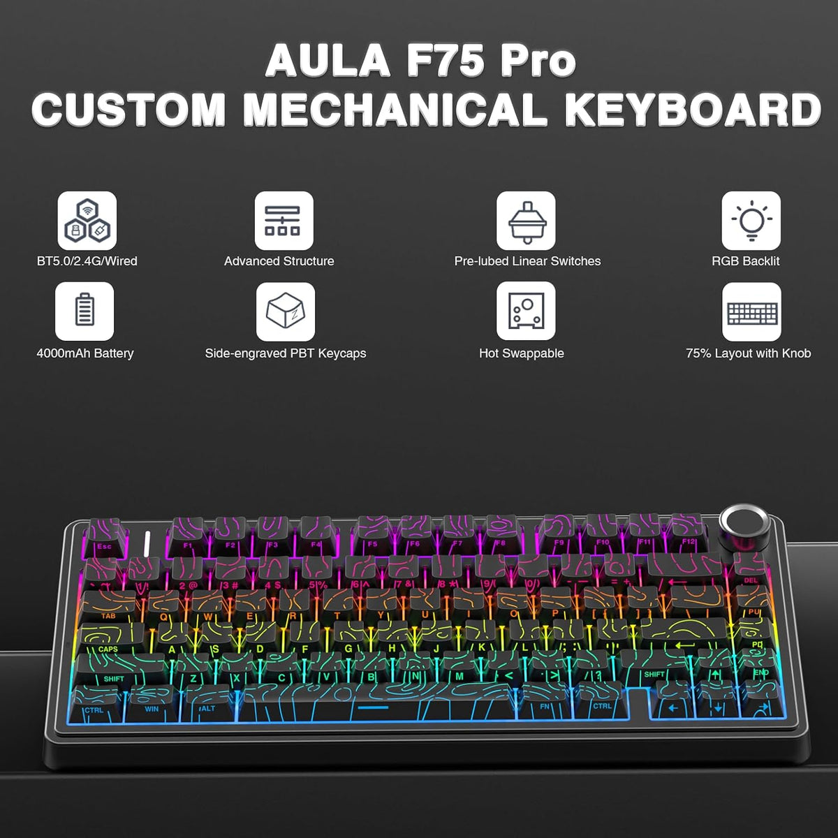 AULA F75 Pro Wireless Mechanical Keyboard with Knob,75% Hot Swappable Custom ...
