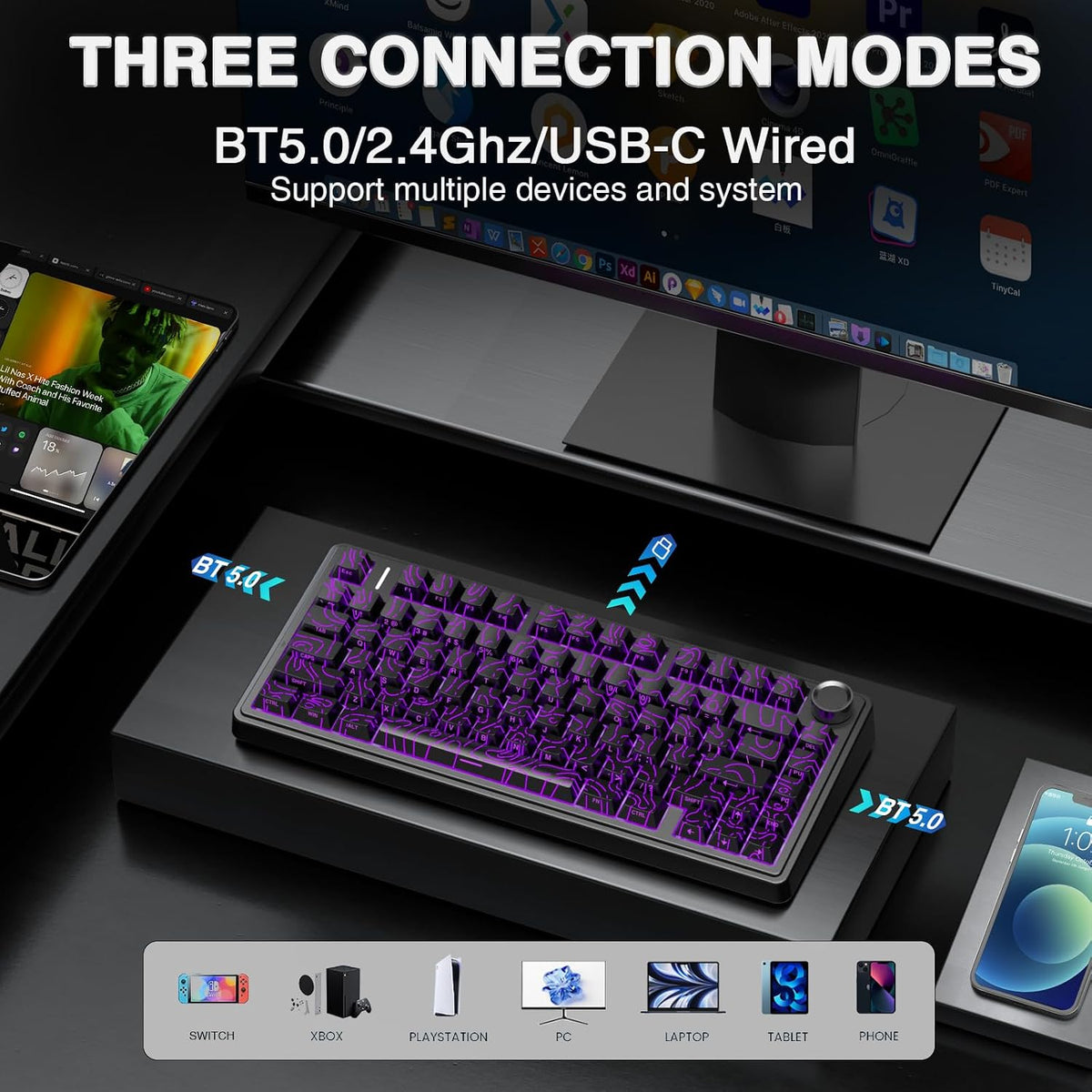 AULA F75 Pro Wireless Mechanical Keyboard with Knob,75% Hot Swappable Custom ...