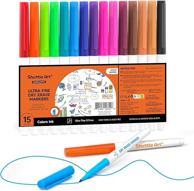 Shuttle Art Ultra Fine Dry Erase Markers, 15 Colors Whiteboard Markers by ShuttleArt