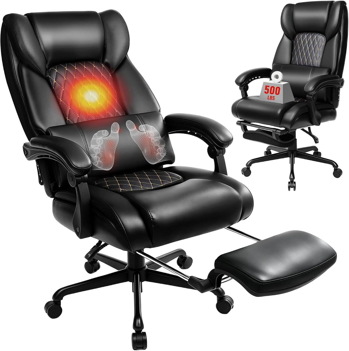 3D Kneading Massage Office Chair with Heat, 500 lbs Big and Tall Executive Co...