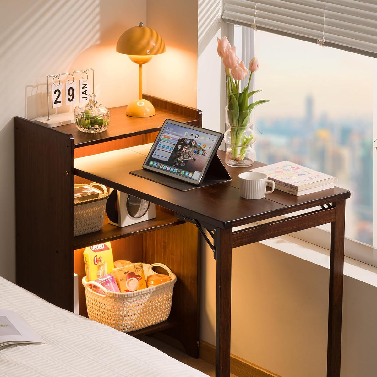 Bamboo Folding Desk with Storage, Foldable Desk for Small Spaces, Brown