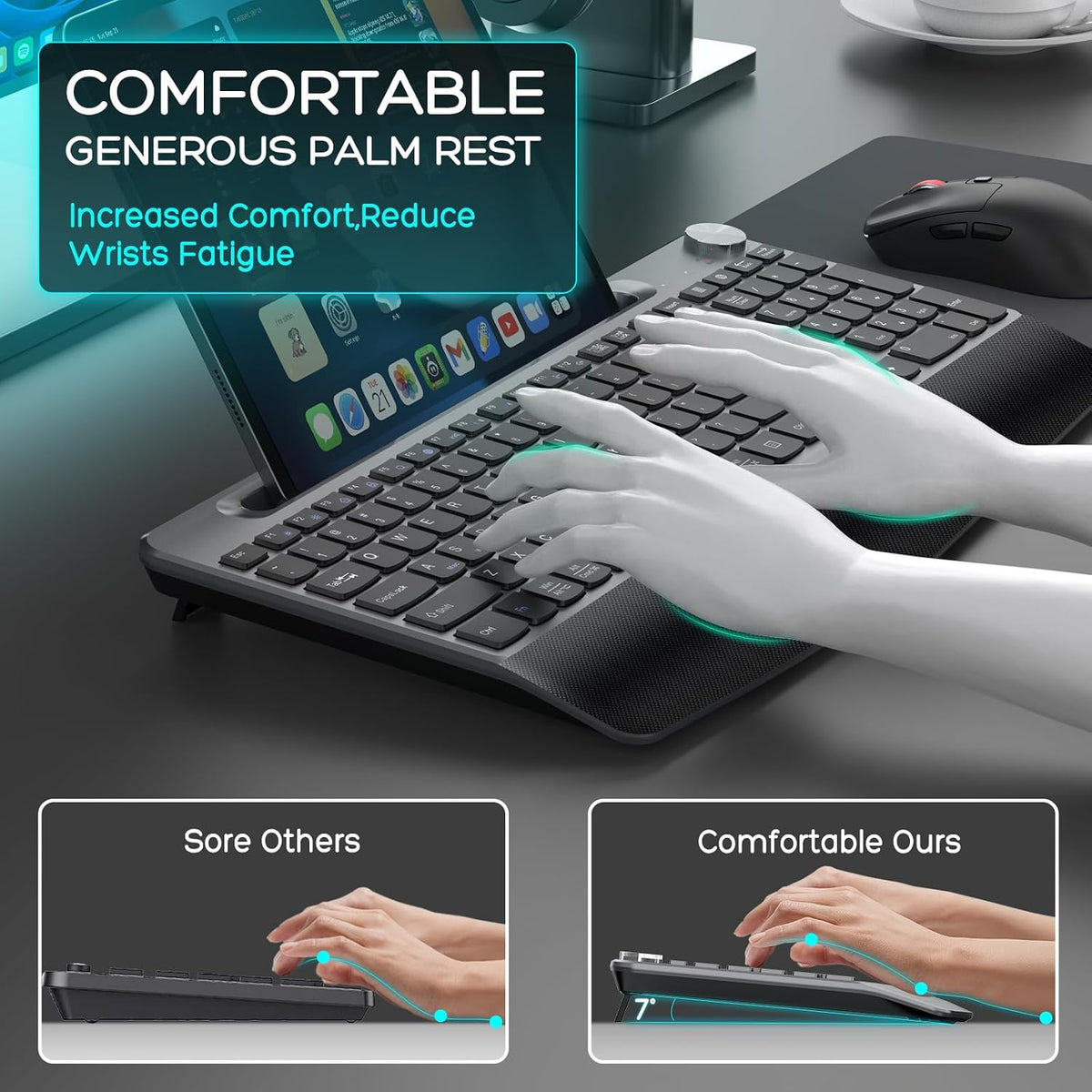 GAMCATZ Ergonomic Wireless Keyboard and Mouse with Wrist Rest，Phone Holder - ...