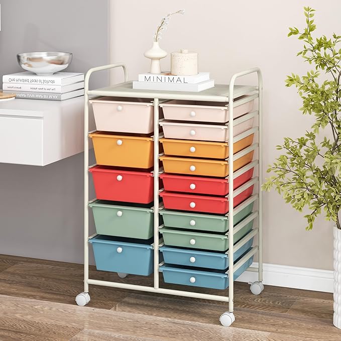 COSTWAY 15 Drawers Storage Cart, Mobile Tools Scrapbook Paper Organizer Cart - Image 2