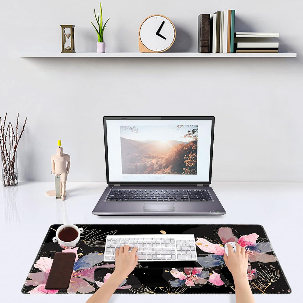 DINKY Desk Mat Black Flower, Large Gaming Mouse Pad with Wrist Rest, 4in1 XXL Mousepad+Keyboard Wrist Rest+Mouse Pad Wrist Support+Coaster Cushion Set for Home Office