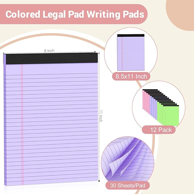 Roneky Legal Pads 8.5 x 11 Colored Notepad, 12 Pack Wide Ruled Lined Paper - Image 2