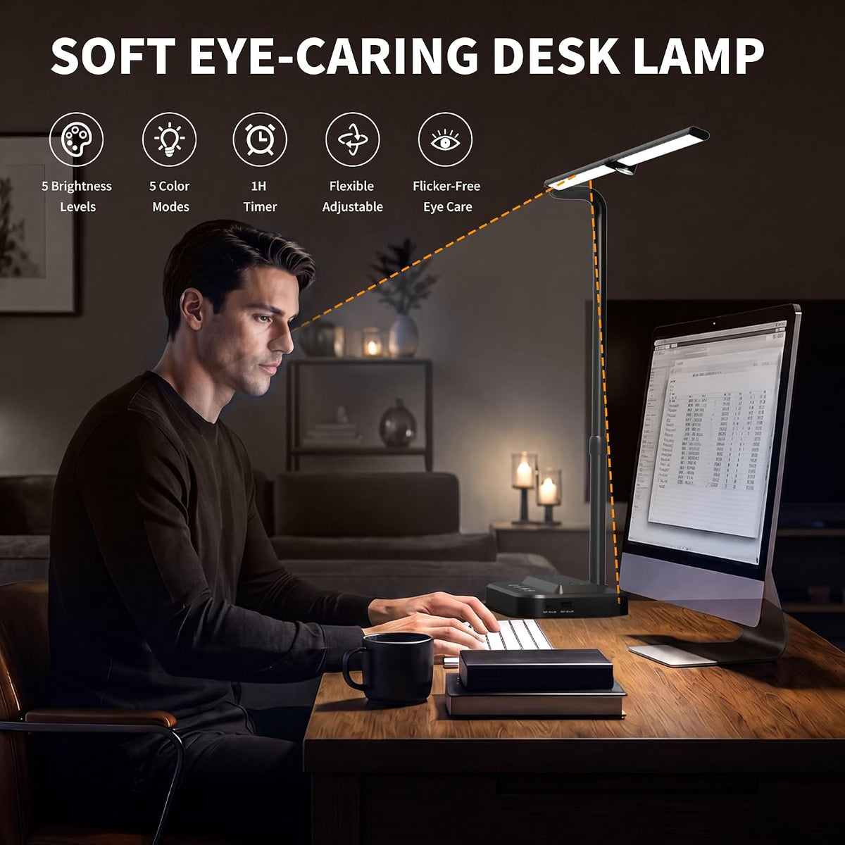 sibrille led desk lamp, ultra wide computer light on a desk or shelf