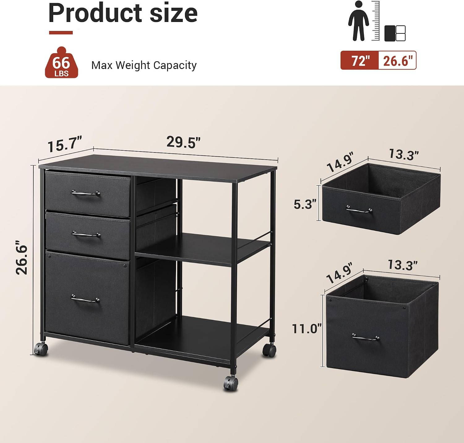 DEVAISE 3 Drawer Mobile File Cabinet with Open Storage Shelf | Rolling Printer Stand, Fabric Lateral Filing Cabinet fits A4 or Letter Size for Home Office, Black