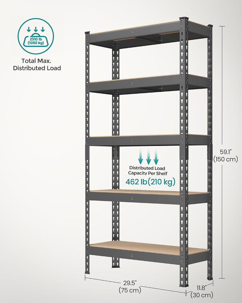 songmics 5-tier storage shelves, load 2310 lb, garage, close-up detail