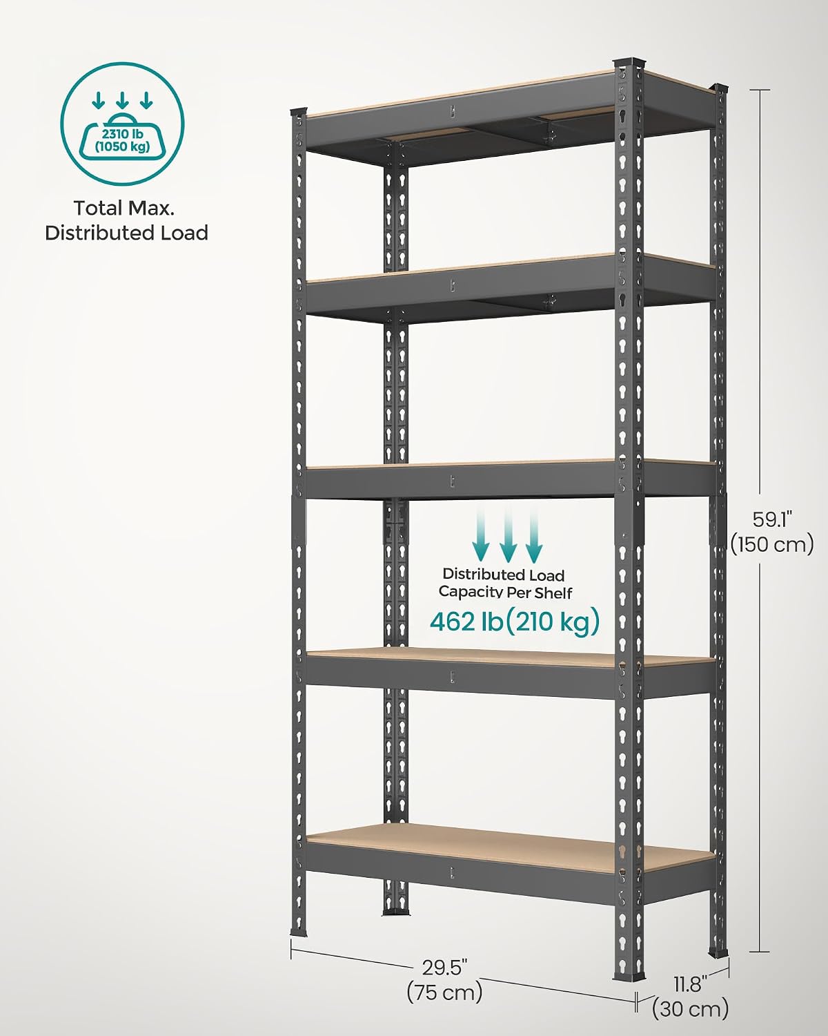 songmics 5-tier storage shelves, load 2310 lb, garage, close-up detail