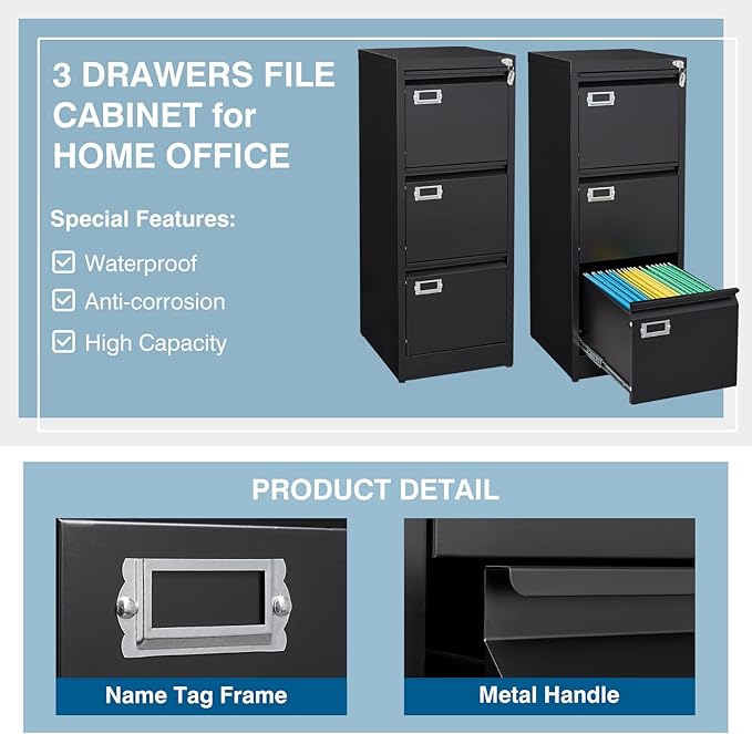 PEUKC 3-Drawer File Cabinet, 16.3" Deep Vertical Filing Cabinet - Image 5