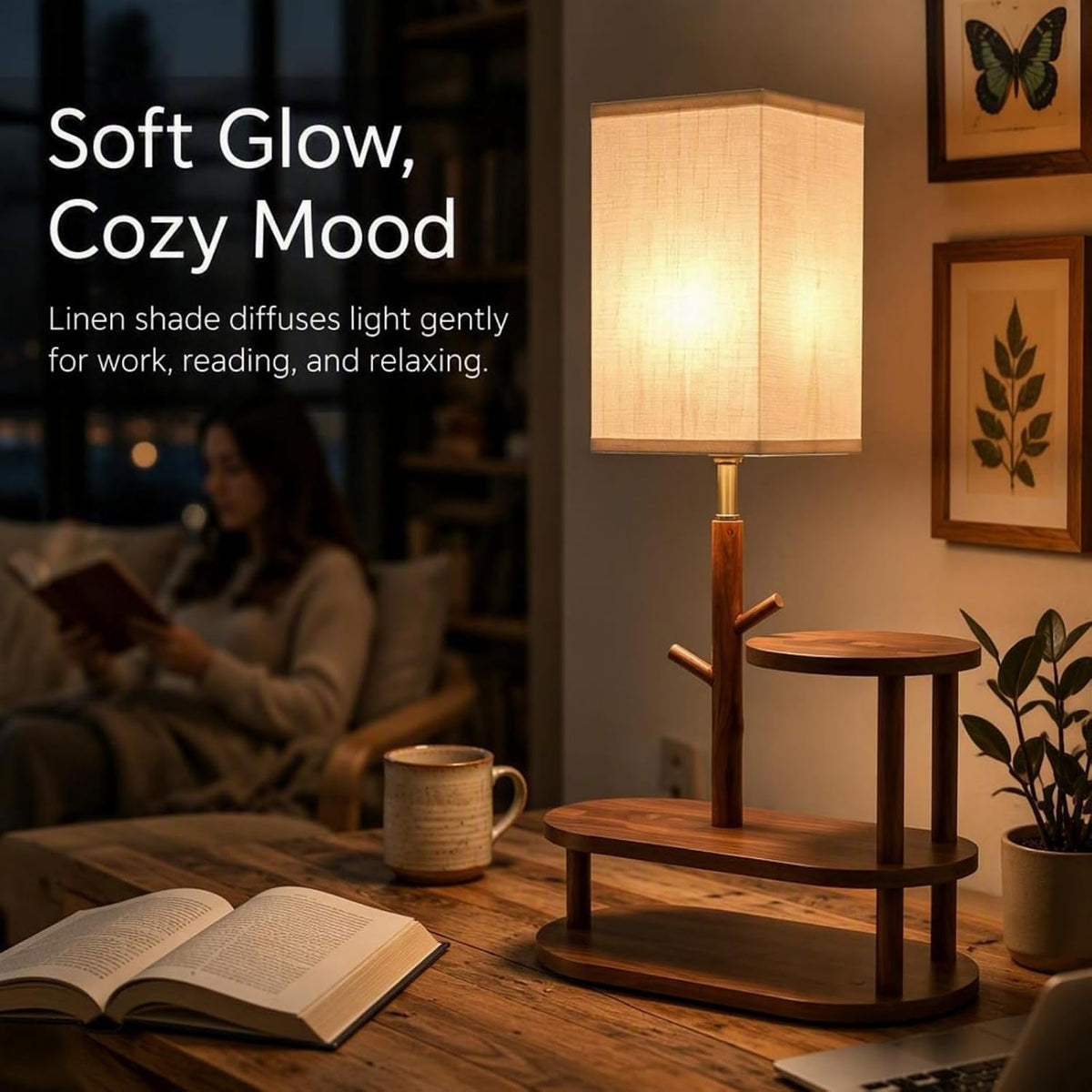 22" Desk Table Lamp with LED Bulb for Bedroom, Unique Wooden Tree Trunk