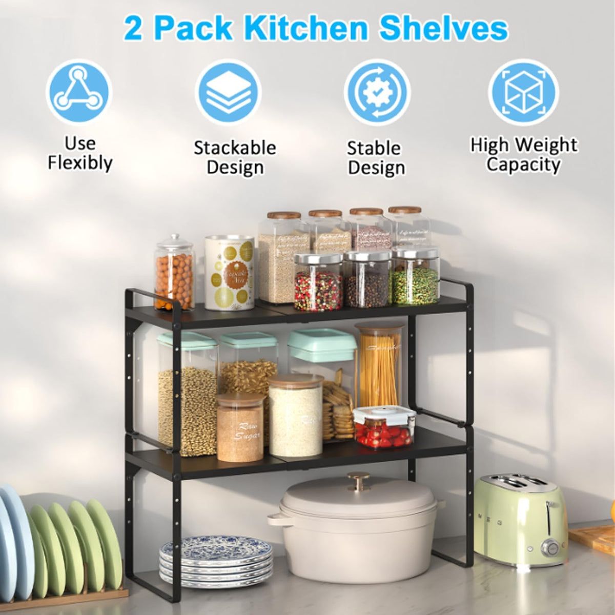 15.5 to 25.5 Inch Expandable Kitchen Cabinet Organizer Shelf, 2 Pack 30 LBS H...