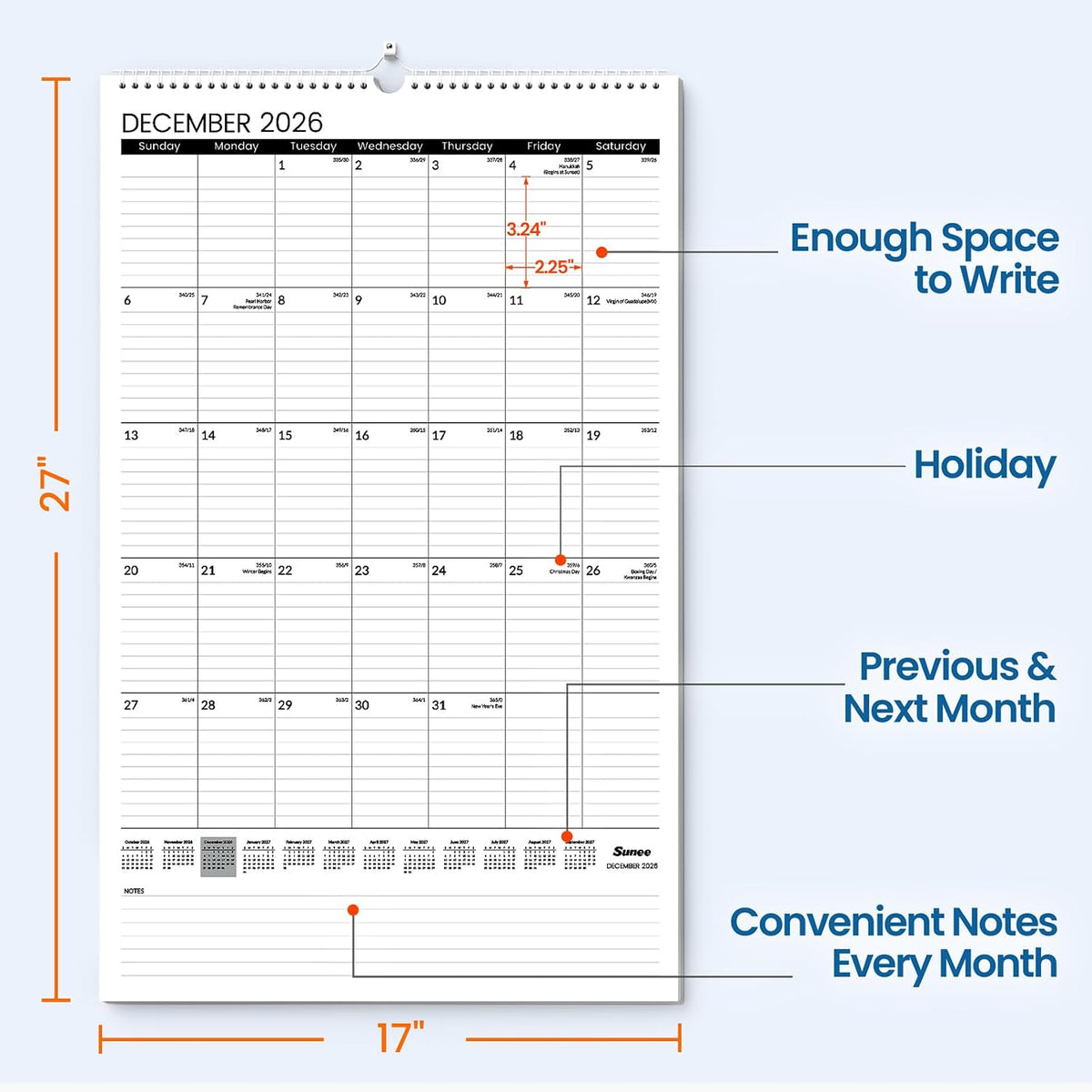 SUNEE 2026-2027 Wall Calendar Large 17"x27", 18 Month Calendar (End...