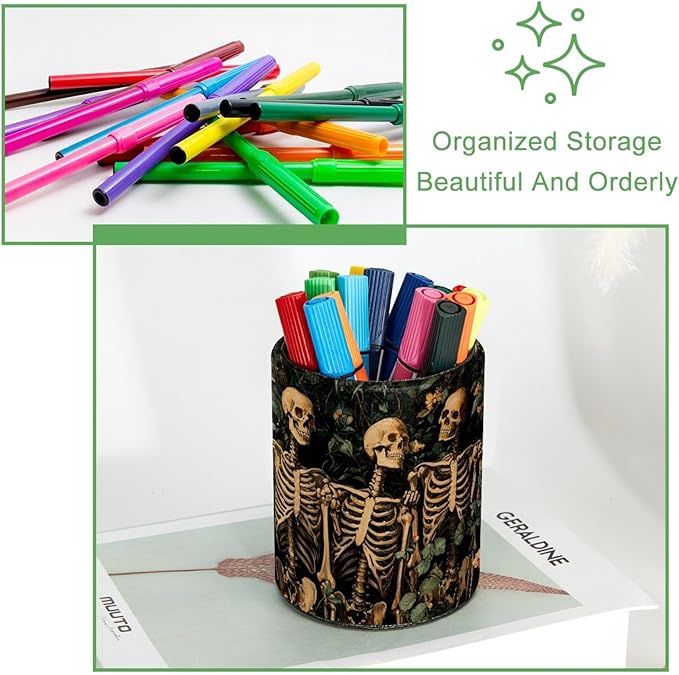 Leather Pen Holder for Desk, Skeleton Flower Pencil Cup Desktop Organizer - Image 3
