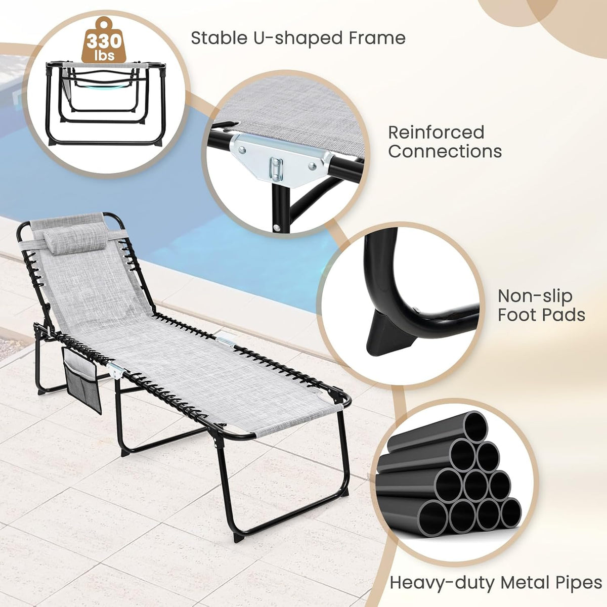 GYMAX Lounge Chairs for Outside, Extra High Folding Beach Tanning Lounger wit...