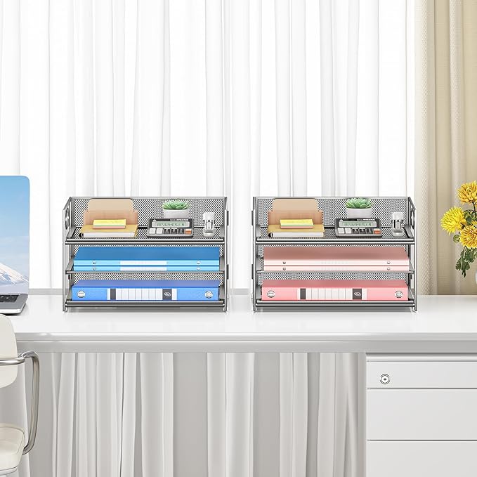 Subekyu 2-Pack 3-Tier Silver Metal Mesh Desk Paper Letter Tray & File Sorter - Image 6