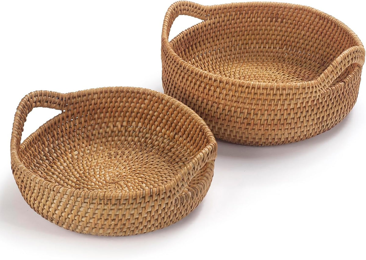 Rattan Storage Basket, Hand Woven Fruit Basket with Handles, Wicker Serving B...