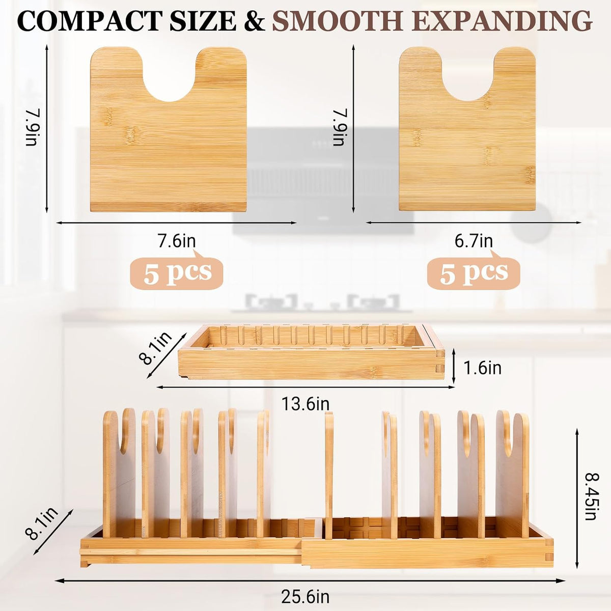 Bamboo Expandable Pot Lid Organizer, Pots and Pans Holder Rack for Cabinet