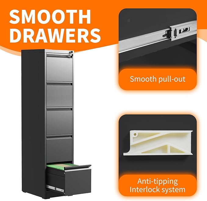 OPTYMIRA 5 Drawer Metal File Cabinet Heavy Duty Locking File Cabinets Home - Image 5