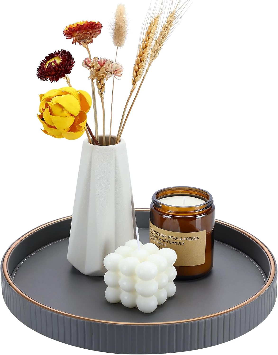 KINGFOM Round Decorative Tray, PU Leather Vanity Tray Organizer with Gold Tri...