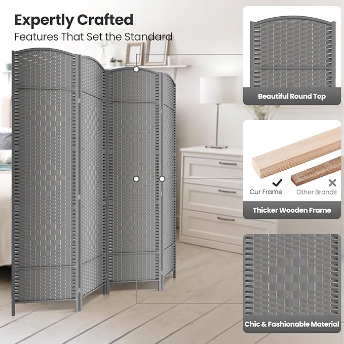 cocosica Paper Rope Room Divider, 4 Panel Wood Mesh Woven Design Screen - Image 2
