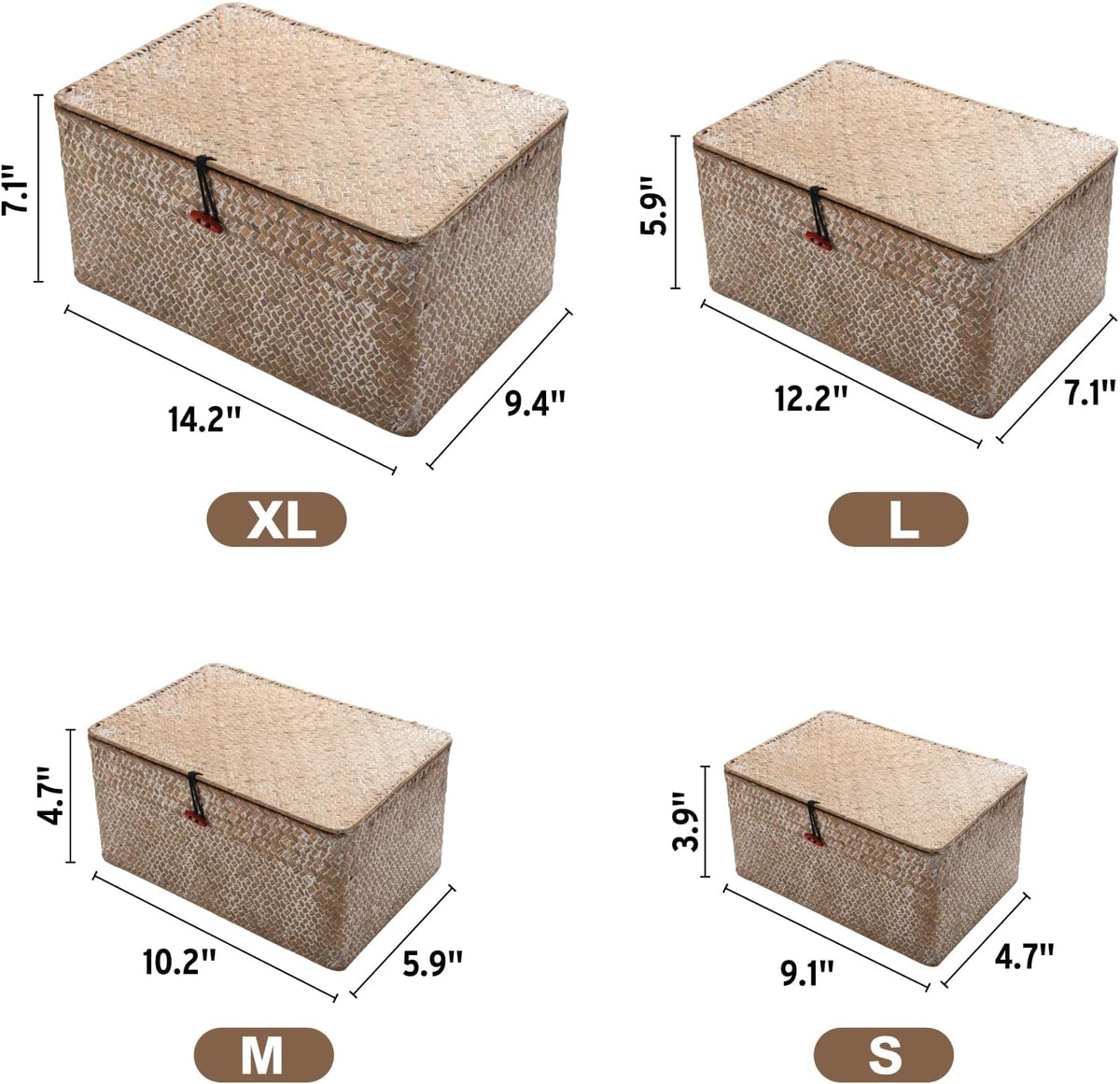 4 Pack, Wicker Baskets with Lids, Natural Seagrass Storage Baskets, Woven Rec...