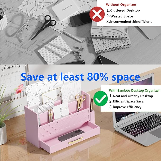WISUCART Bamboo Desk Organizer Mail Holder Countertop Wood Desk Drawer Tabletop - Image 5