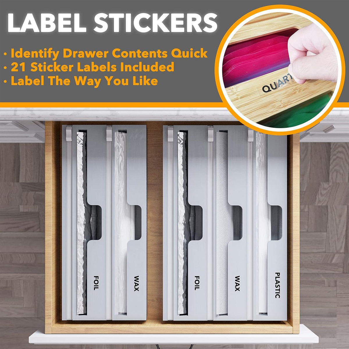 SpaceAid WrapNeat 3 in 1 Wrap Organizer with Cutter and Labels, Plastic Wrap,...