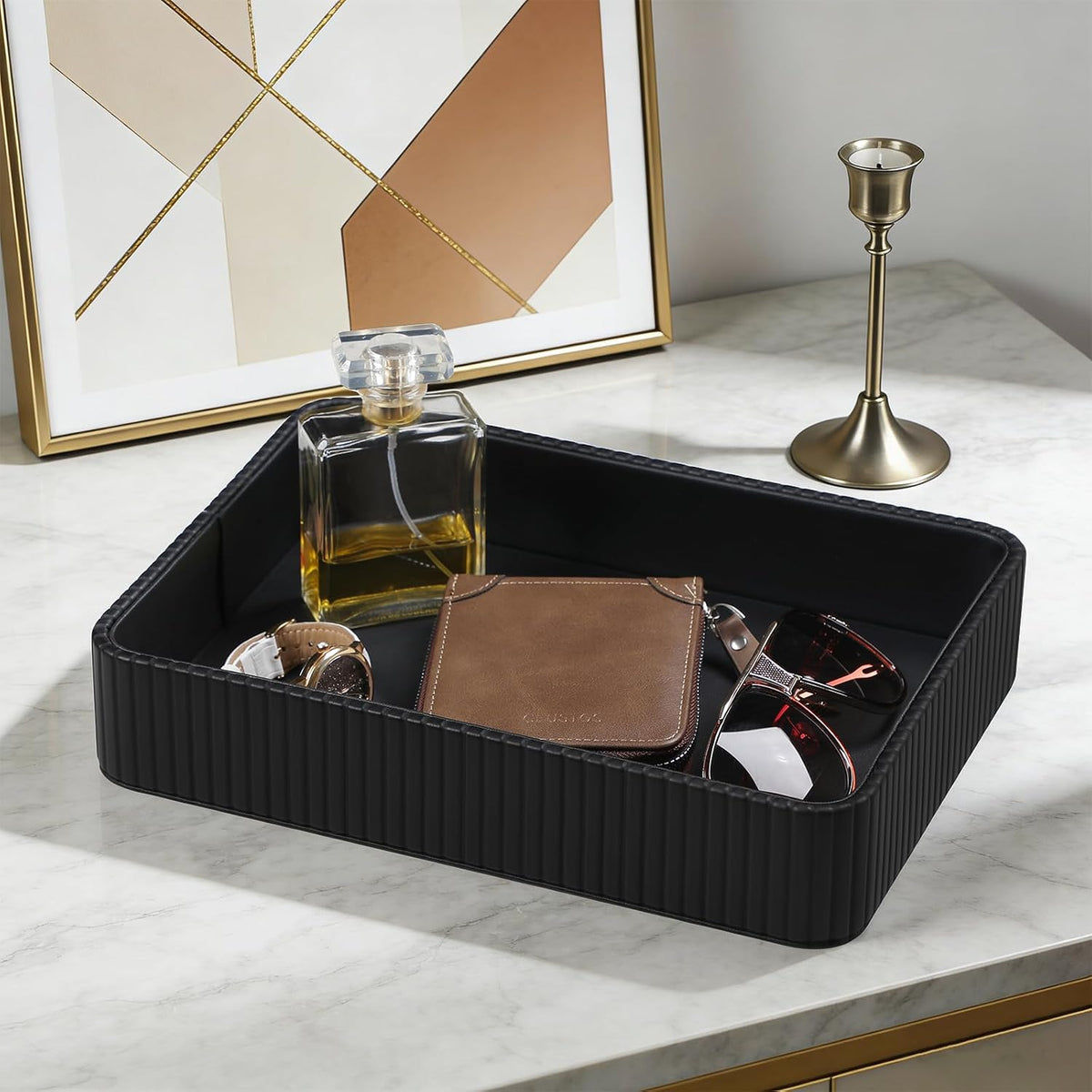 Desk Organizer Tray, PU Leather Nightstand Organizer, Black 2-Pack