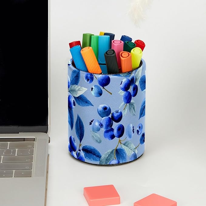 Leather Pen Holder for Desk Blueberry Blue Pencil Cup Desktop Organizer Makeup - Image 5